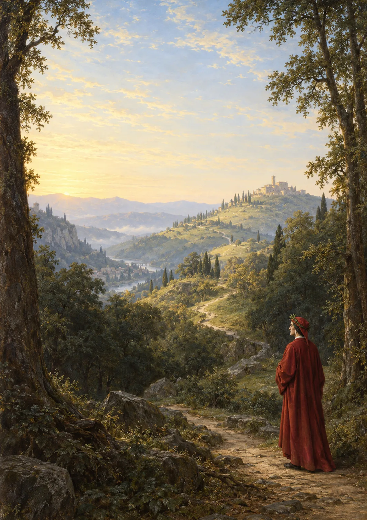 Pintura da capa: um viajante de manto vermelho observa o caminho que desce o vale ao amanhecer, rumo a uma cidade no alto da colina.